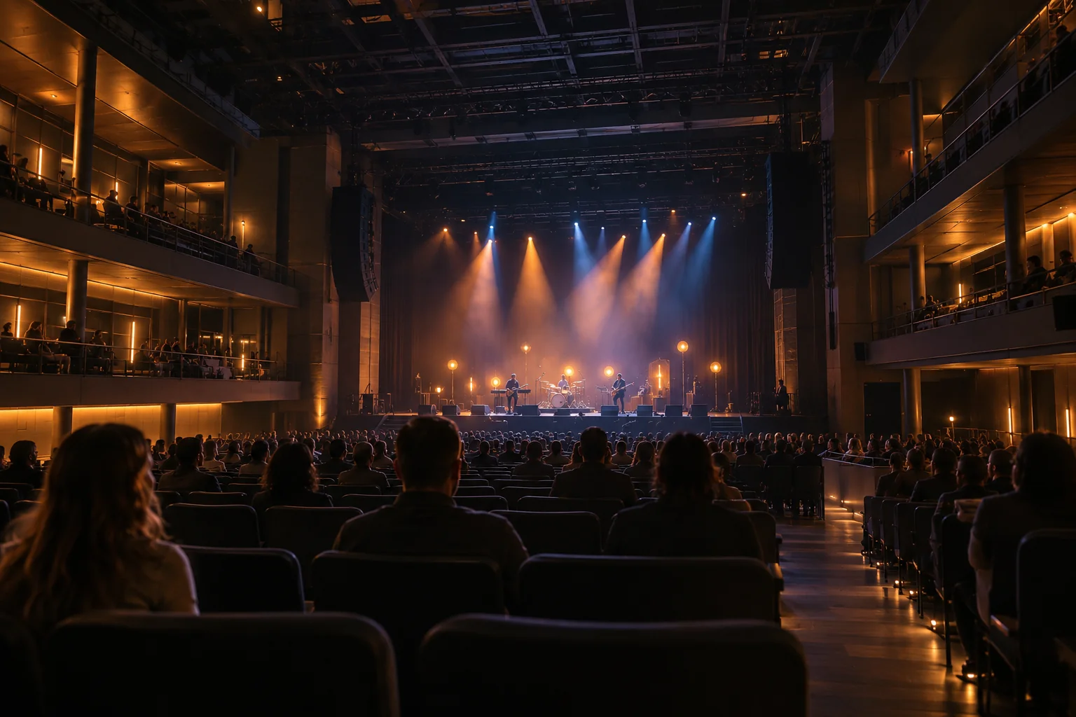 Sala de conciertos vista desde las gradas — Ilustración editorial · escena ficticia