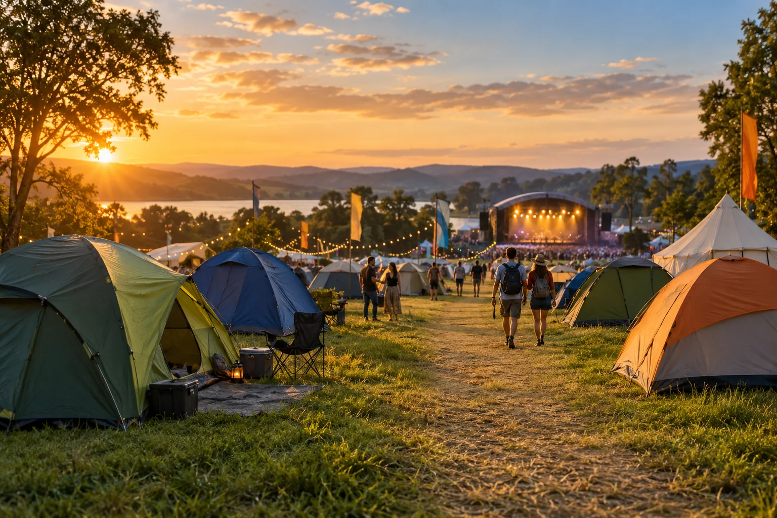 Camping de festival al atardecer — Ilustración editorial · escena ficticia