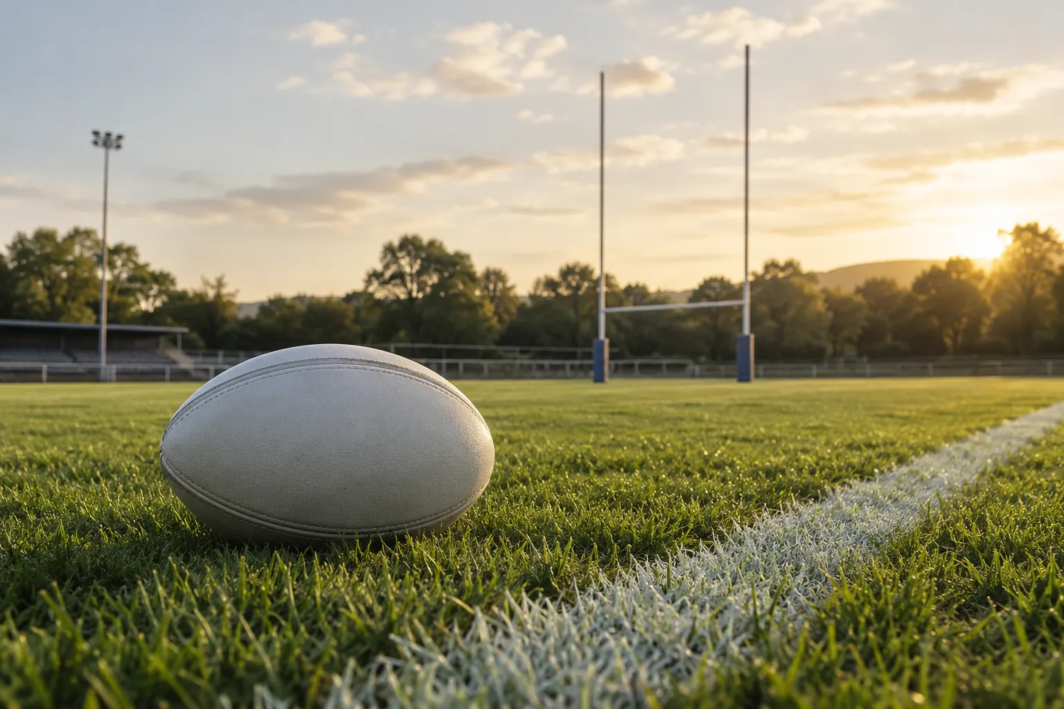 Balón y postes de rugby en un campo genérico — Ilustración editorial · escena ficticia