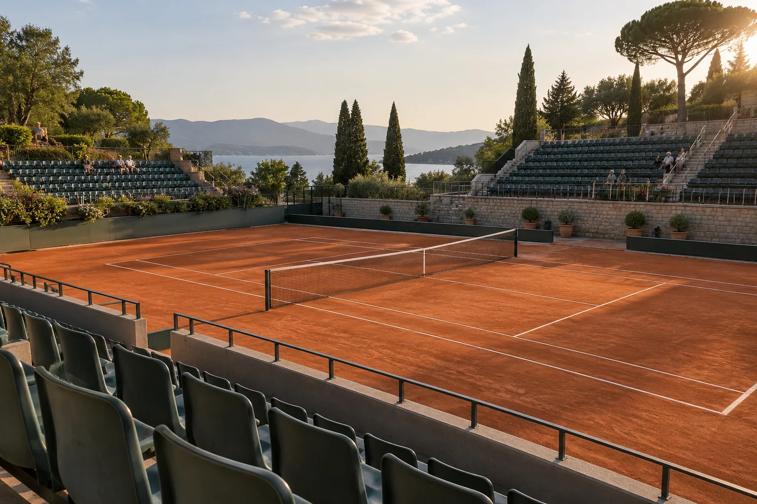 Pista de tenis y gradas — Ilustración editorial · escena ficticia